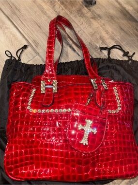 Raviani Red Patent Croc-Embossed Tote with Crystal Cross Charm